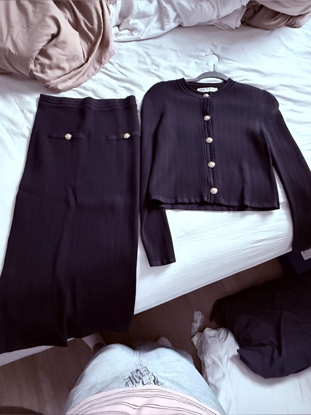 Zara Two-Piece Black Ribbed Knit Skirt and Buttoned Cardigan Set